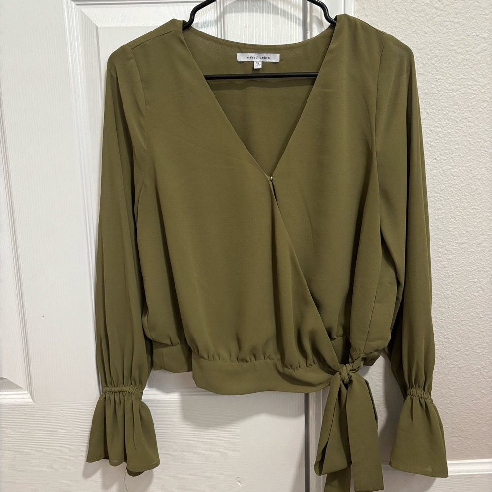 Green wrap blouse with bow detail